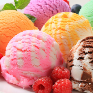 Multicolored ice cream and sorbet scoops